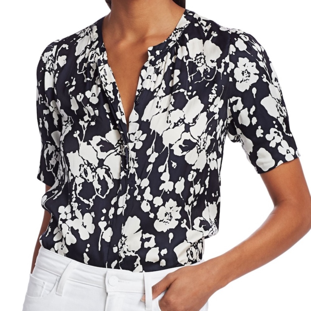 JOIE EC 100% SILK Navy & White Floral Blouse